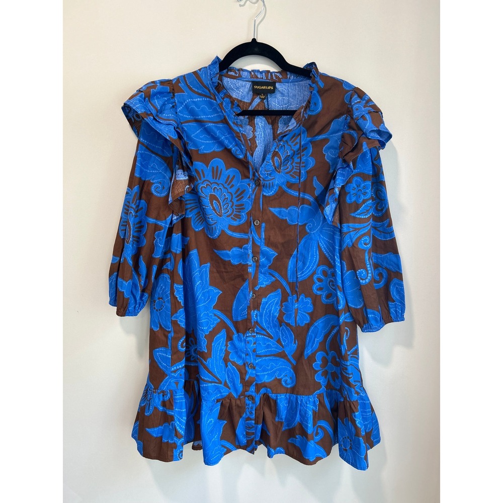 Sugarlips Blue Brown Floral Ruffle Shoulder Cotton Mini Dress Small - Picture 2 of 9